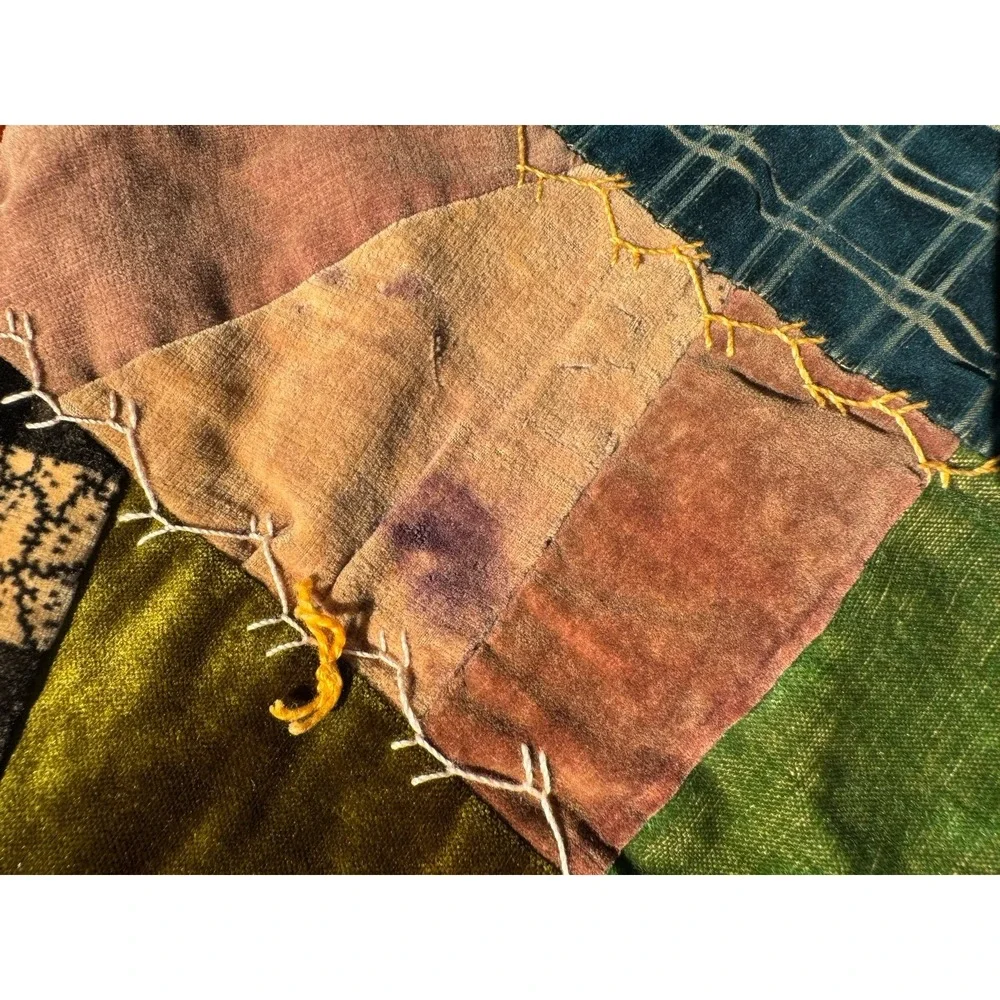 Antique Victorian Crazy Quilt Velvet Silk Hand Stitched‎ Painted 77x71 c1885
